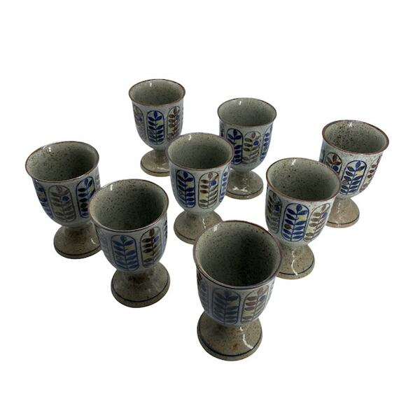 Vintage OTAGIRI Style Stonewear Goblet Set of 8 Berries Leaves 1970s Speckle - Picture 10 of 12